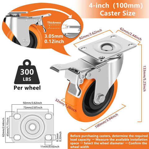 heavy duty caster wheels with brakes 4 inch set with 300 lbs capacity and dual pedal locking brakes for carts and furniture swivel plate design