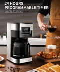 10 Cup Programmable Coffee Maker With Regular And Strong Brew Auto Shut Off Permanent Filter Easy LCD Touch Screen Great For Home Or Office Silver Finish on kitchen counter with toast and coffee