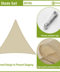 Beige Triangle Sun Shade Sail 6x6x6 Heavy Duty Canopy UV Block Air Permeable HDPE Shade Cloth with included rope and fabric detail