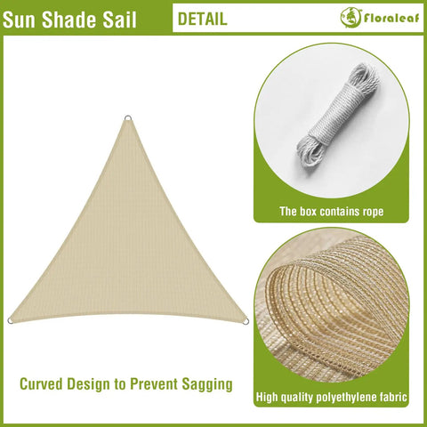 Beige Triangle Sun Shade Sail 6x6x6 Heavy Duty Canopy UV Block Air Permeable HDPE Shade Cloth with included rope and fabric detail