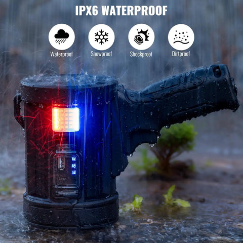Rechargeable Spotlight 2 Million Lumens Handheld Searchlight with solar panels, showing IPX6 waterproof feature in rain