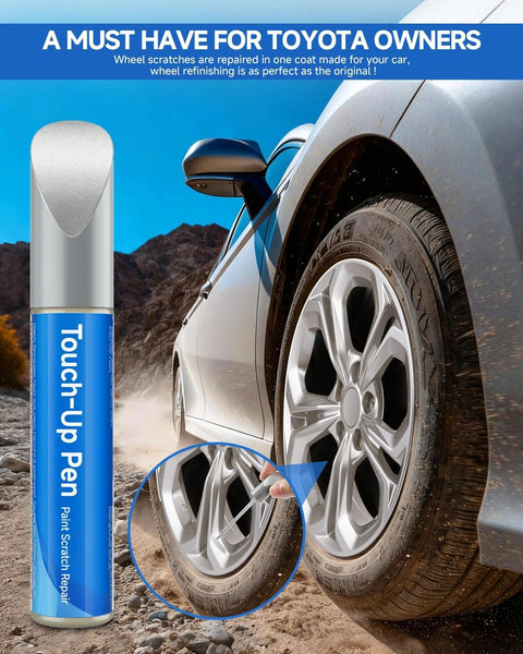 Gray Charcoal Wheel Scratch Repair Pen For Honda Vehicles Color Matched Wheel Touch Up Marker shown beside car rim.