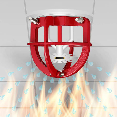 Tough As Nails Fire Sprinkler Head Guard Cover Bump Proof Protector Cage installed above flames with water droplets for safety.