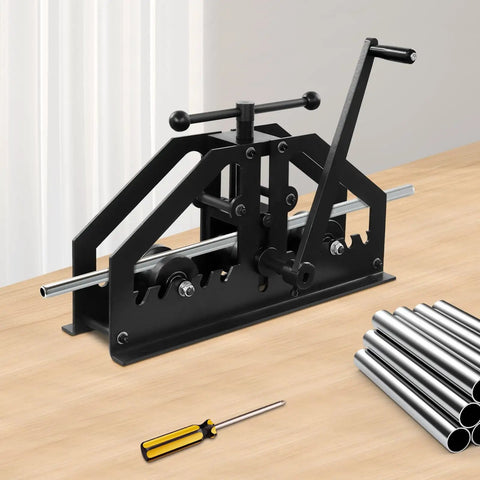 Heavy-Duty Tube Roller Bender Braking Machine With Handle For Precise Metal Pipe Bending In Repair Shops And Industrial Settings Made From Durable #45 Steel on a tabletop.