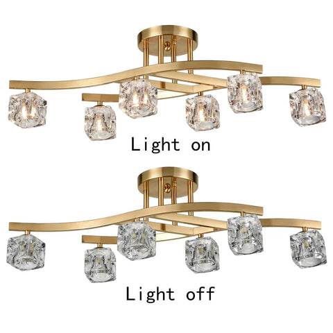 Modern Crystal Ceiling Light Fixture With Brushed Nickel Finish And Ice Cube Glass Shades, 6 Light Semi Flush Mount