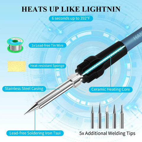 Digital Display Soldering Station Kit With Five Extra Iron Tips, Temperature Adjustable From 392 To 896 Fahrenheit, showing components and features.