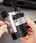 Professional 58Mm Espresso WDT Distribution Tool With 12 Tuning Needles And Smooth Adjustable Depth in use, adjusting depth dial.