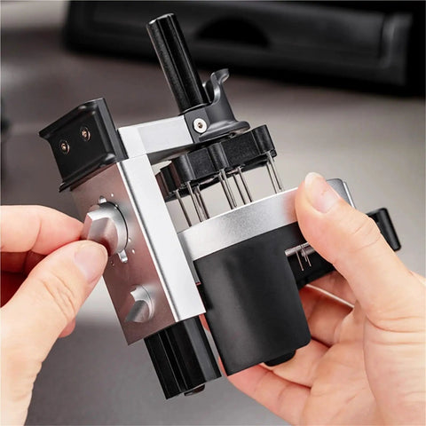 Professional 58Mm Espresso WDT Distribution Tool With 12 Tuning Needles And Smooth Adjustable Depth in use, adjusting depth dial.