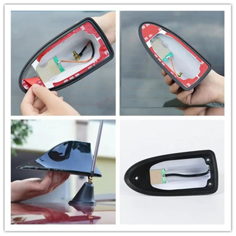 Universal Shark Fin Antenna Cover With Adhesive Tape For Cars SUVs And Trucks Black showing adhesive installation process