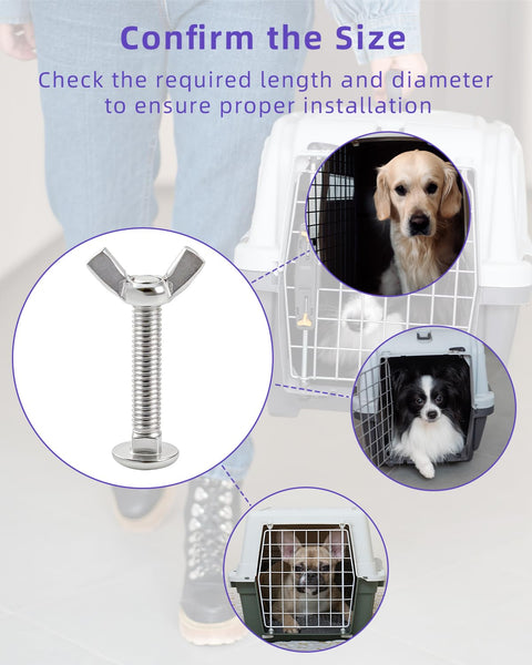 Confirm the size of Works Like A Charm M6 Bolt and Butterfly Nut Set for Dog Crate Repairs next to two dogs in a pet carrier.