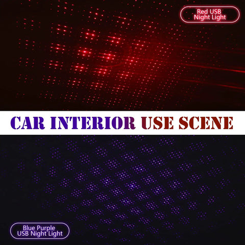 Two Pack USB Star Projector Night Light with adjustable settings illuminating car interior with red and blue purple lights.