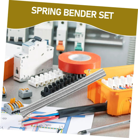 Houdereco Heavy Duty Multi Purpose Tubing Bender Set Includes Seven Versatile Spring Bending Tools For Thin Walled Pipes Plumbing And Electrical Work Durable No Deformation Exhaust And Brake Line Kit on workbench with tools and tape.