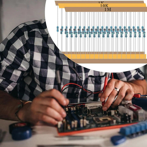 Person working with 600 Piece Resistor Kit With 30 Values, One Percent Tolerance, 0.25W Metal Film Resistors From 10 Ohm To 1M Ohm