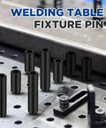 Two Inch Welding Table Fixture Pins Set, Twenty Pcs, Top Diameter One Inch, Bottom Diameter Five Eighths Inch, displayed on table.