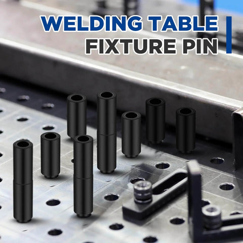 Two Inch Welding Table Fixture Pins Set, Twenty Pcs, Top Diameter One Inch, Bottom Diameter Five Eighths Inch, displayed on table.