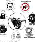 Heavy duty caster wheels set with dual locking, PU construction, and 360-degree swivel plate, featuring ball bearings and noise-free operation.