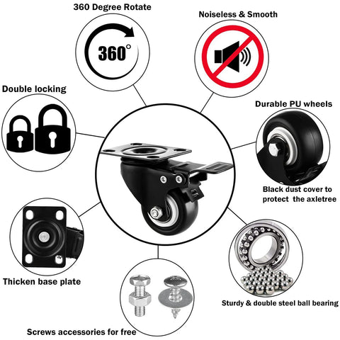 Heavy duty caster wheels set with dual locking, PU construction, and 360-degree swivel plate, featuring ball bearings and noise-free operation.