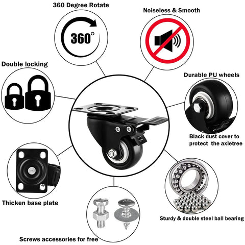 Diagram of Beefy 1.5 Inch Caster Set Of 16 Heavy Duty Industrial Wheels With Brakes PU No Noise Wheels 360 Degree Rotation features