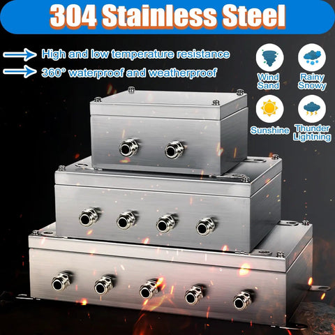 Stacked 304 stainless steel junction boxes with cable glands, highlighting durability and weatherproof features for electrical projects.