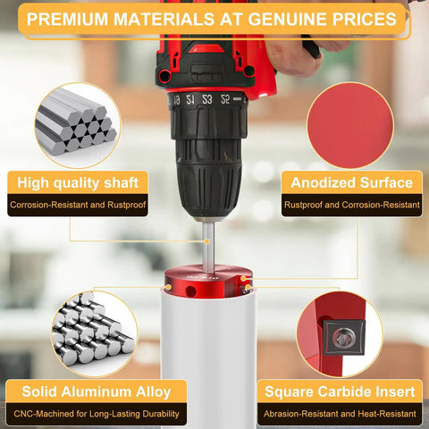 9 Piece PVC Pipe Reamer Kit With Aluminum Head And 2 Blades For SCH40 Fittings in use with drill, featuring premium materials.