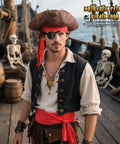 Badass Five Piece Pirate Costume Accessory Set For Men With Faux Leather Tricorn Hat Red Bandana Sash Classic Black Eye Patch And Vintage Gold Plated Medallion Legit Halloween Crew Night Gear worn by man aboard ship.