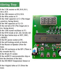 Beginner Friendly Soldering Practice Kit With DS18B20 Temperature Sensor Module For DIY Electronics Projects 0-99 C (32-210 F), close-up view with instructions.