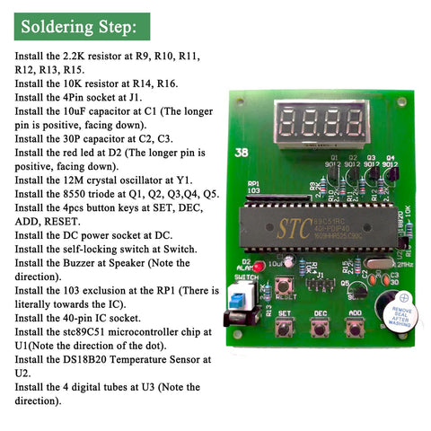 Beginner Friendly Soldering Practice Kit With DS18B20 Temperature Sensor Module For DIY Electronics Projects 0-99 C (32-210 F), close-up view with instructions.