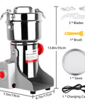 Heavy Duty Electric Grain Mill Grinder 800g Stainless Steel Powerhouse Turbo 3000W with accessories and dimensions shown