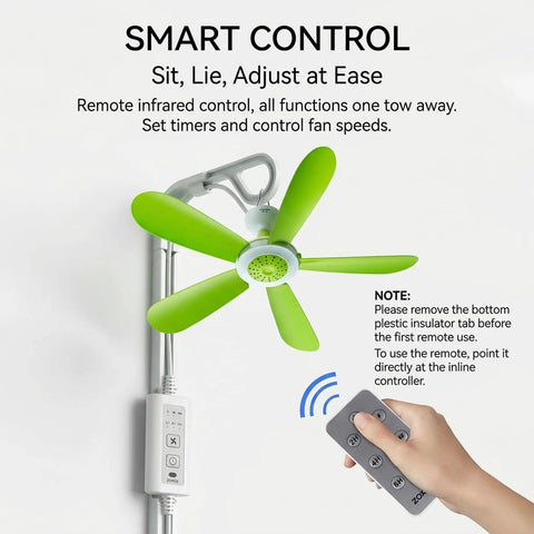 TusaMer Portable Ceiling Fan with Remote, 16.5 Inch USB Hanging Fan with 5 Soft Blades in Green with remote control, wall-mounted.