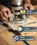 Hands operating a router with a Five Eighths Inch Solid Brass Router Guide Bushing With Short Shank Built To Last Pro Grade Precision Template Guide Threaded Lock Nut And Ring Snug Fit For Porter Cable Style Base Plates 2 Pack 71166P2, showing router setup.