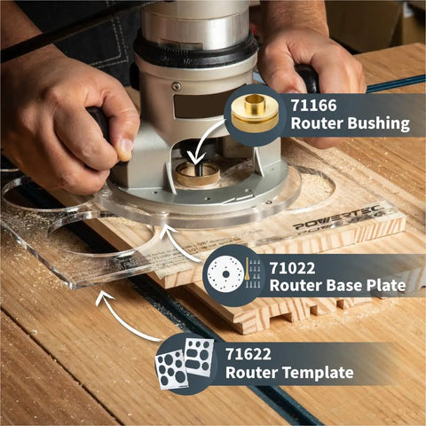 Hands operating a router with a Five Eighths Inch Solid Brass Router Guide Bushing With Short Shank Built To Last Pro Grade Precision Template Guide Threaded Lock Nut And Ring Snug Fit For Porter Cable Style Base Plates 2 Pack 71166P2, showing router setup.