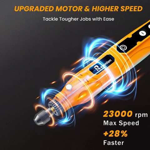 Cordless Mini Rotary Tool Kit 4V 23000RPM With LED Light 5 Speed 2000mAh Battery showing close-up of the orange tool's tip