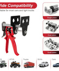 Brake Caliper Compression Tool For 4 Piston Calipers, Quick Pad Replacement, Works On Single Dual And Quad Calipers, Heavy Duty Pad Spreader In Red, with compatibility chart for UTVs, ATVs, trucks, SUVs, and cars.
