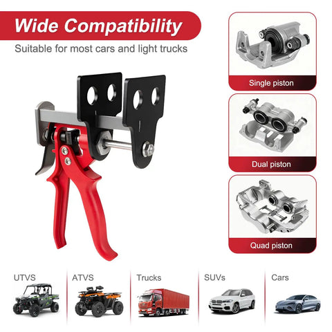 Brake Caliper Compression Tool For 4 Piston Calipers, Quick Pad Replacement, Works On Single Dual And Quad Calipers, Heavy Duty Pad Spreader In Red, with compatibility chart for UTVs, ATVs, trucks, SUVs, and cars.
