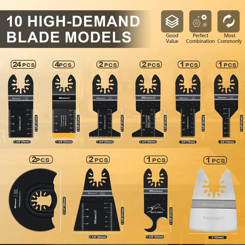 10 high-demand blade models from 40 Piece Oscillating Saw Blade Kit For Multitool With Wood Metal Plastic Blades Includes 10 Interchangeable Cuts For Dewalt Worx Milwaukee Makita Ryobi Bosch And More For DIY Pros