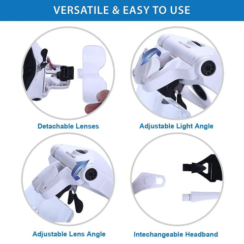 LED Head Magnifier With Interchangeable Lenses And Rechargeable Battery, Hands Free Headband Jeweler Loupe Light, 2 LED Illumination, Five Lenses From 1.0X To 3.5X, Comfortable Eyeglass Frame For Jewelry Making And DIY Projects