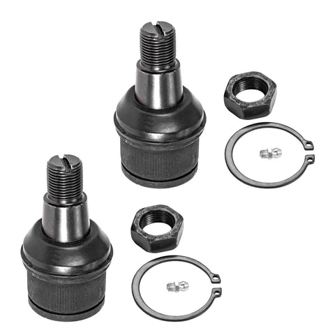 Beefed-Up 4WD Front 4-Piece Ball Joints Kit For Ford F-250 F-350 F-450 F-550 Super Duty 1999-2016 Replacement, Fits Excursion 2000-2005 4WD Models, Heavy-Duty Steering And Ride Quality Upgrade: two black metal ball joints with nuts and clips