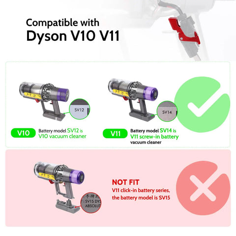 Diagram showing compatibility of upgraded metal trigger with V10 V11 SV12 SV14 vacuum cleaner models, highlighting non-compatible models.
