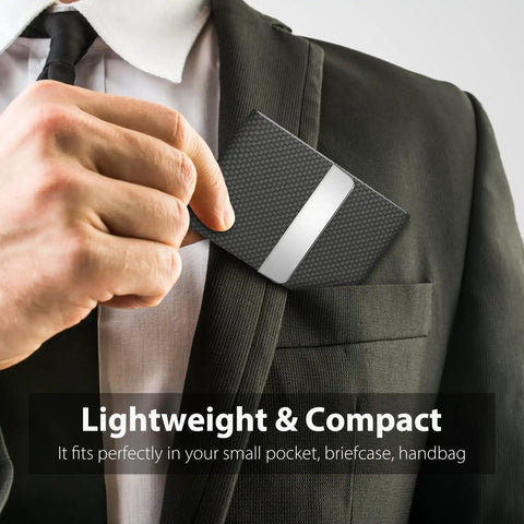 Slim RFID Blocking Card Holder In Black Carbon PU Leather And Stainless Steel With Magnetic Closure Holds 15 To 25 Cards