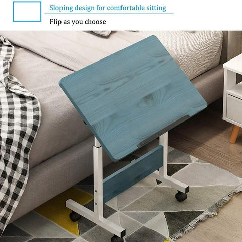 Mobile Workstation Lap Desk With Height Adjustable Wheels And Non Slip Bezel Edge Rolling Computer Table For Breakfast In Bed featuring a sloped blue wood surface.