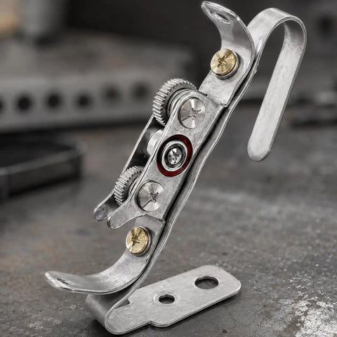 Ultimate TIG Wire Feeder Tool With Magnetic Base And Heat Shield For Alloy Filler Rods, close-up of metal guide with adjustable parts.