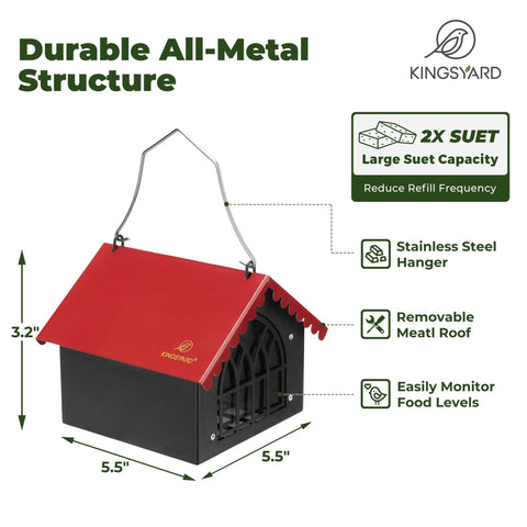 Double Upside Down Suet Feeder With Weatherproof Roof All Metal Outdoor Hanging Bird Feeder Ideal For Downy Woodpecker Nuthatch And Chickadee Red Squirrel Resistant Design For Year Round Outdoor Use, red and black with metal roof and stainless steel hanger, dimensions 5.5 x 5.5 x 3.2 inches.