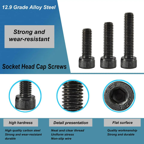 Hex Socket Head Cap Screws Set M6 Bolts 25 Pcs, 12.9 Grade Alloy Steel With Black Oxide Finish, Fully Threaded, side and close-up views