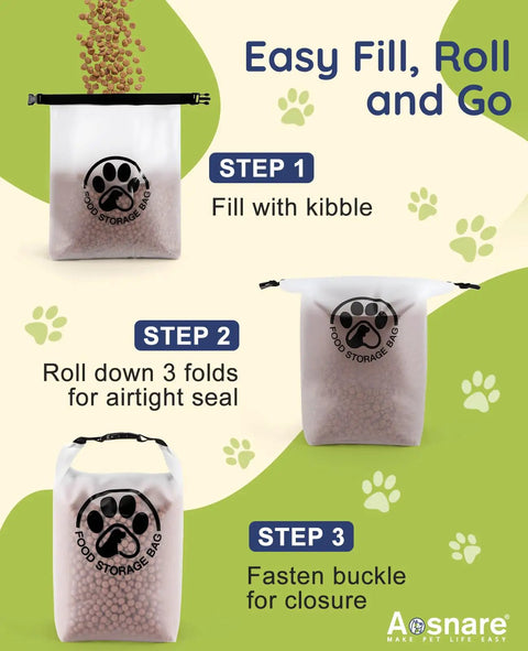 Transparent Leak Proof Pet Food Storage Bag For Travel With Roll Top Closure And Airtight Seal Keeps Kibble Fresh On The Go