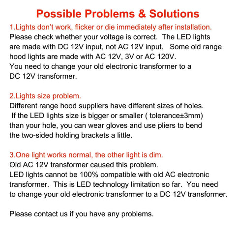 Troubleshooting guide for 2 Pack 1.5W LED Cooker Range Hood Bulbs with common problems and solutions.