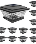 Solar Post Cap Lights For 4x4 Wood Posts Outdoor LED Deck Fence Cap Lamps Two Modes Warm White Or Bright White Wireless No Wiring Required Black Finish 12 Pack shown from various angles.