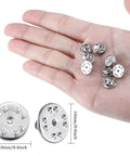 Clutch Badge Pin Backs Replacement Set 10 Mm Nickel Plated Brass For Insignia 50 Pack shown in hand with size dimensions