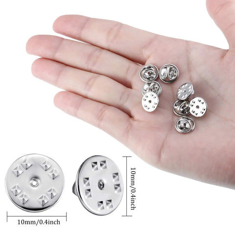 Clutch Badge Pin Backs Replacement Set 10 Mm Nickel Plated Brass For Insignia 50 Pack shown in hand with size dimensions