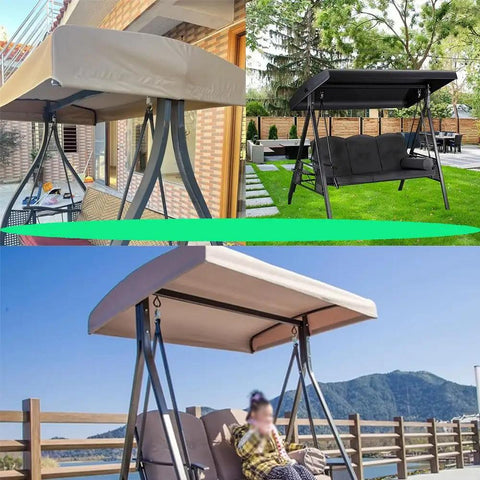 Various views of Beige Swing Canopy Replacement Top Cover For 2 To 3 Seater Porch Swing 84x48 Inches Waterproof Sun Shade Awning.