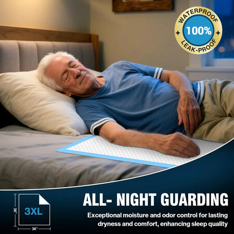 Top Shelf Extra Large Disposable Bed Pads Designed To Quickly Absorb And Lock Fluid Without Leaking For Adult Incontinence Or Puppy Training in use on a bed.